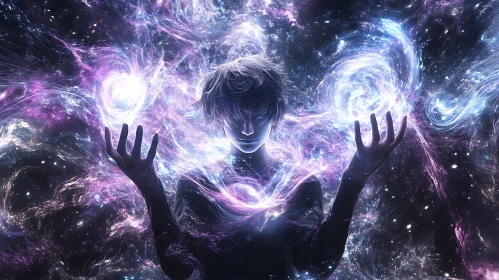 Celestial Figure Amidst Galactic Swirls