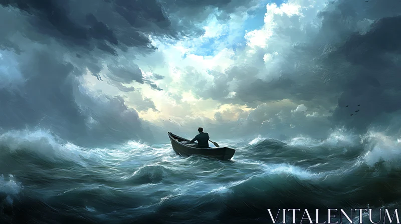 Man Rowing Boat in Stormy Seas AI Image