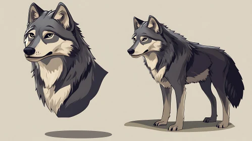 Illustrated Cartoon Wolf in Gray Tones