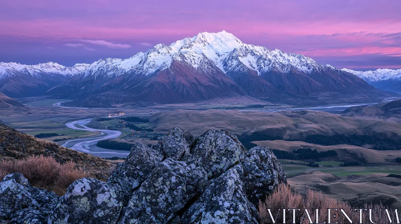 Sunset Over Snow-Capped Mountains and Serene Valley AI Image