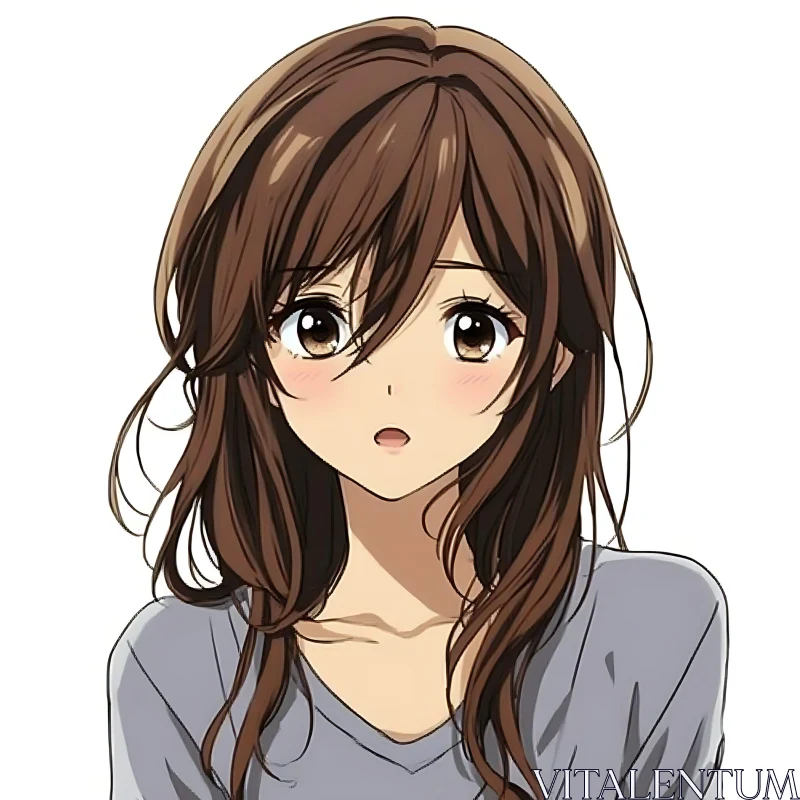 Anime Girl with Brown Hair and Concerned Expression AI Image