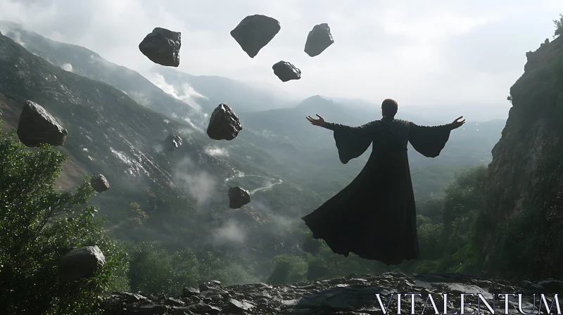 Enchanting Mountain Scene with a Levitating Wizard AI Image