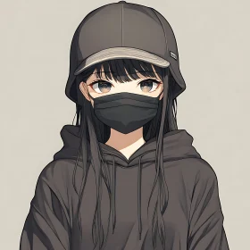 Dark Themed Anime Girl with Black Hair and Mask