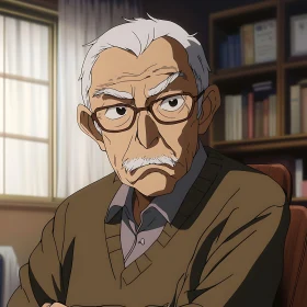 Anime Depiction of Mature Man in Study