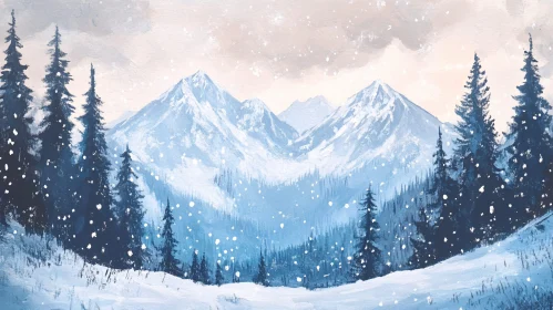 Snowy Mountain Scene with Evergreen Trees