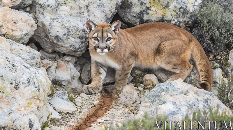 Mountain Lion Stares from Rocky Ledge AI Image