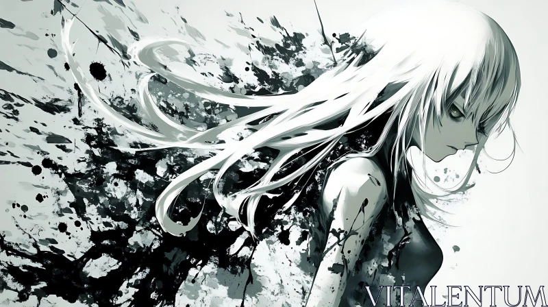 Dynamic Anime Art with Black and White Ink Splashes AI Image