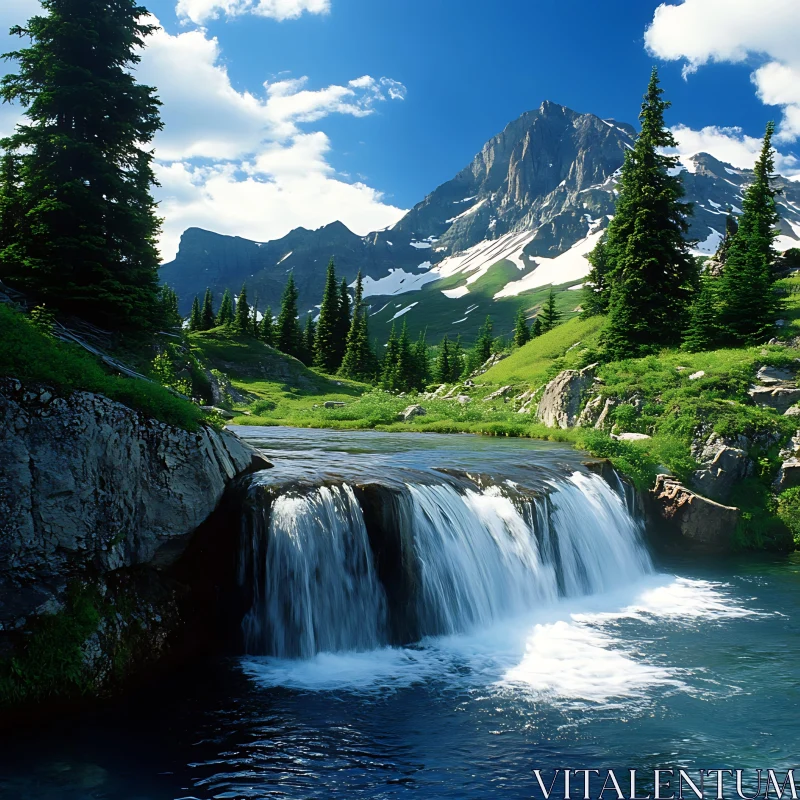 AI ART Mountain Waterfall Serenity