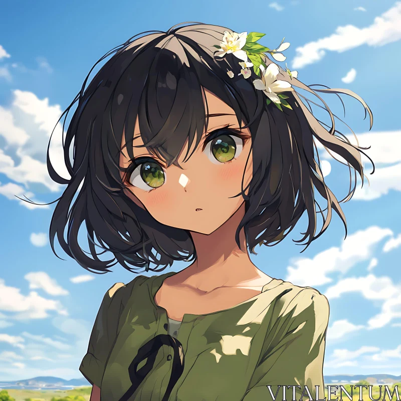 Beautiful Anime Portrait with Flower Adornments AI Image