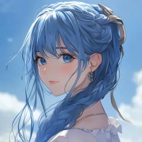 Anime Portrait with Blue Hair and Serene Sky