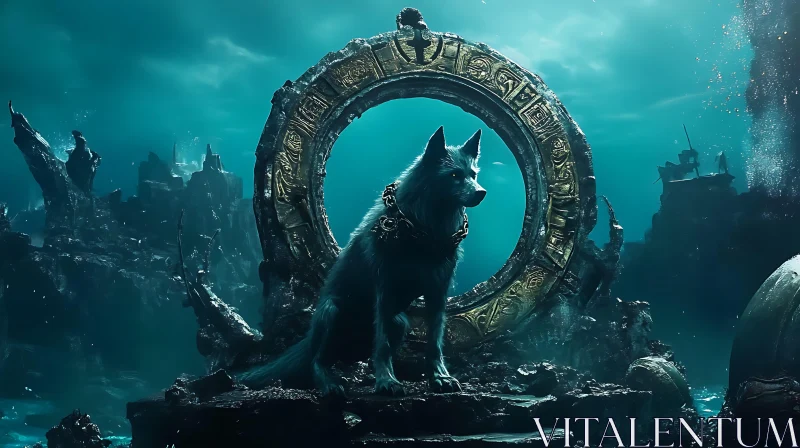 Enigmatic Aquatic Wolf with Ancient Ring AI Image