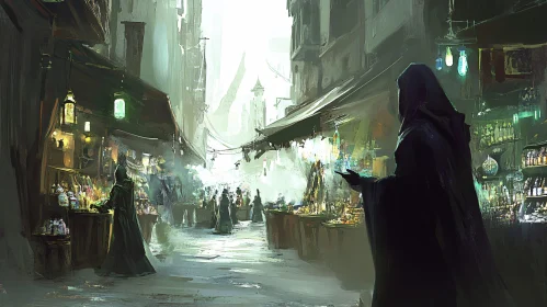 Cloaked Figure in Bustling Fantasy Market