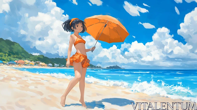 Summer Beach Scene with Anime Character AI Image