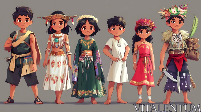 Children in Traditional Dress Cartoon AI Image