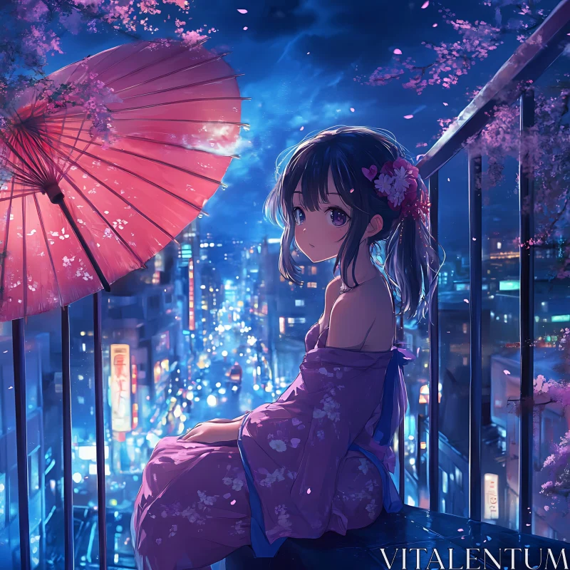 Night City Balcony with Anime Girl AI Image