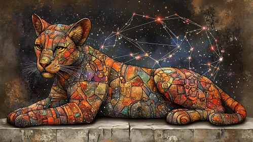 Mosaic Lion under Starry Skies