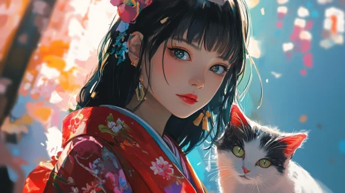 Traditional Japanese Anime Girl with Cat