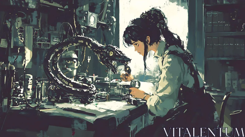 Woman Assembling a Robotic Snake AI Image