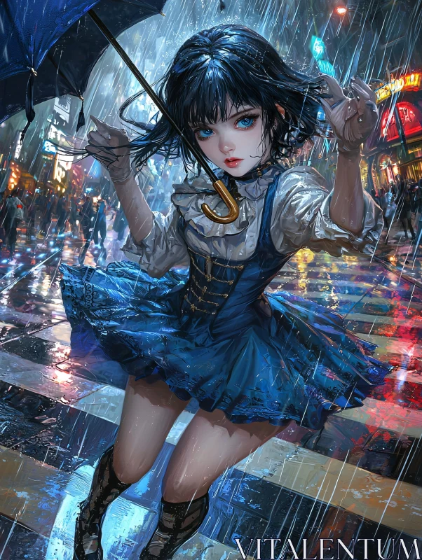 AI ART Anime Scene: Girl in Rainy Night City