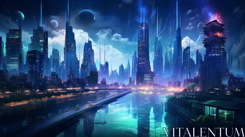 Futuristic City at Night with Luminous Reflections AI Image