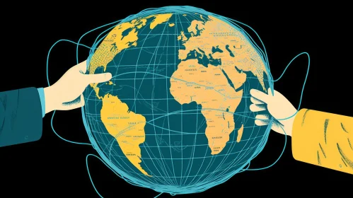 Mid-Century Style Illustration of Hands Holding a Globe with Cables