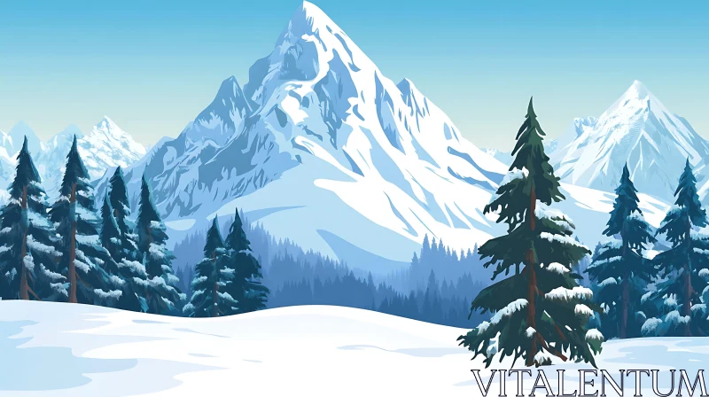 Snowy Mountain Scene with Evergreen Trees AI Image