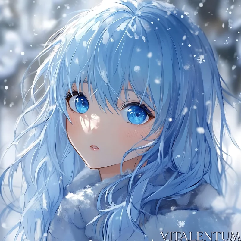 Blue-Haired Anime Girl in Snow AI Image