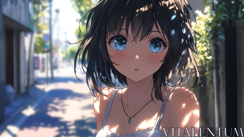 Sunlit Street Anime Girl AI Image