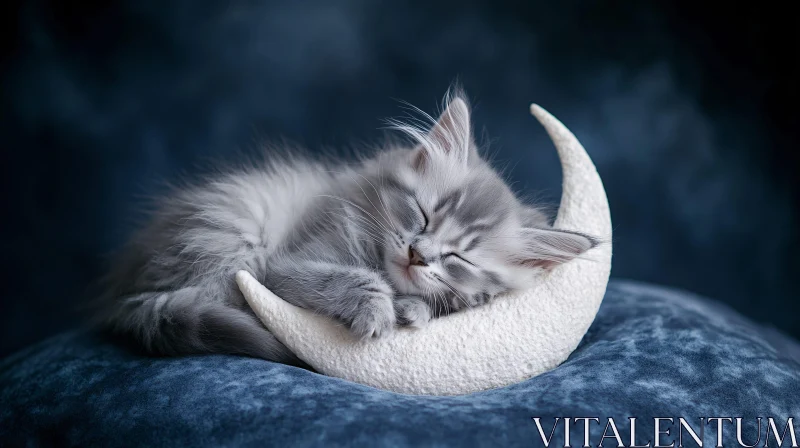 AI ART Cute Gray Kitten Sleeping Against Dark Blue Background