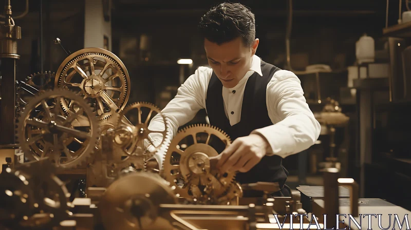 Man Assembling Golden Clockwork Gears AI Image