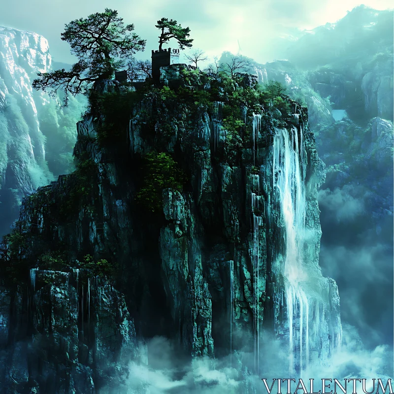 AI ART Serene Mountain Waterfall Landscape