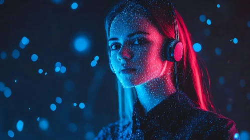 Woman in Neon Listening to Music