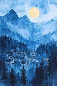 Blue Mountain Village Watercolor Art