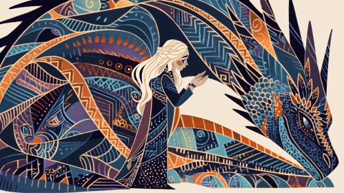 Geometric Fantasy Art of a Dragon and Woman