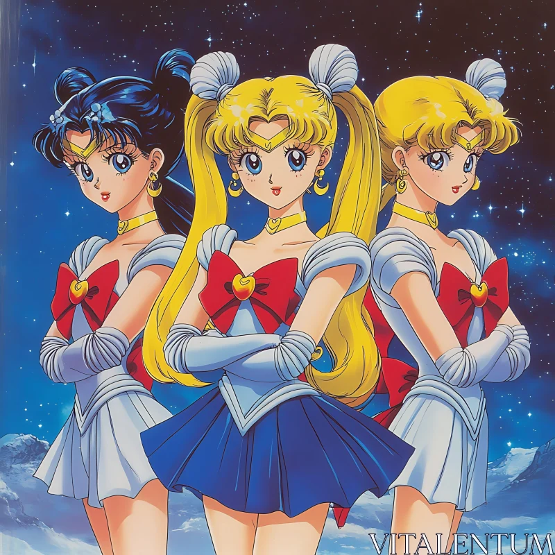 Sailor Style Anime Trio Under Starry Night Sky AI Image