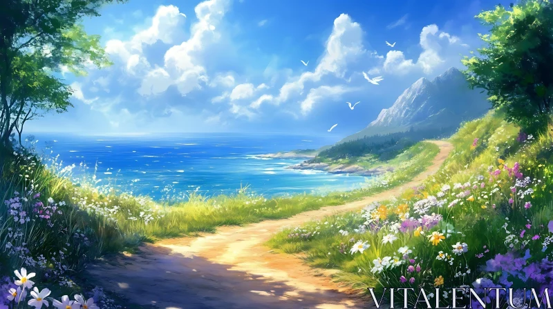 AI ART Scenic Coastal Path with Wildflowers