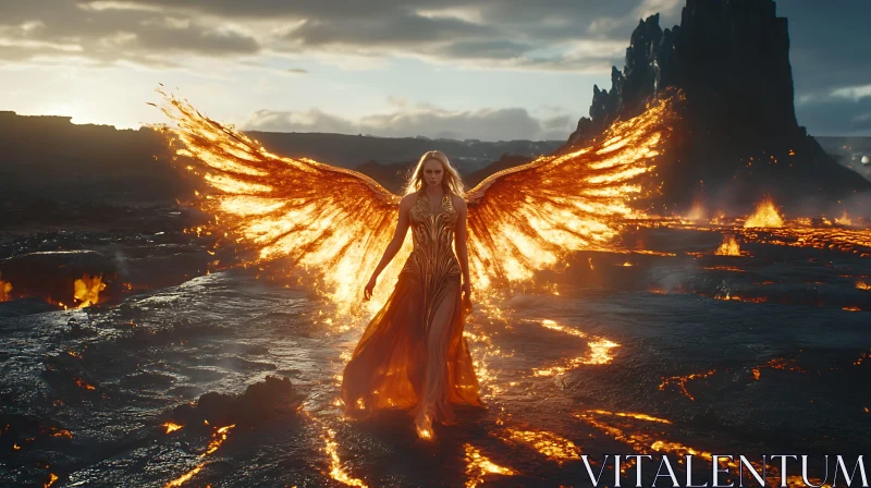 AI ART Blonde Angel with Fiery Wings