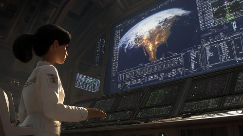 Woman Overseeing Earth Data in Control Room