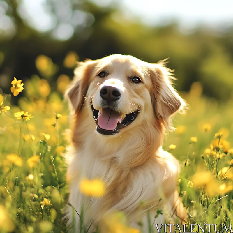 Happy Golden Retriever in Sunlit Flower Field AI Image