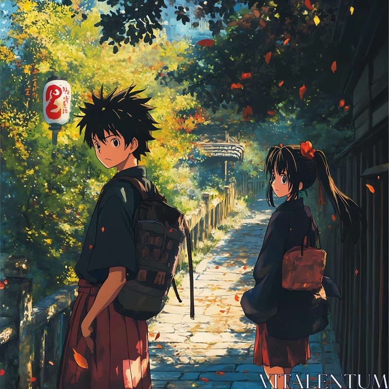 Anime Characters on an Autumn Path AI Image