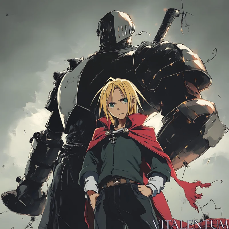 Anime Pair with Armor and Red Cloak AI Image