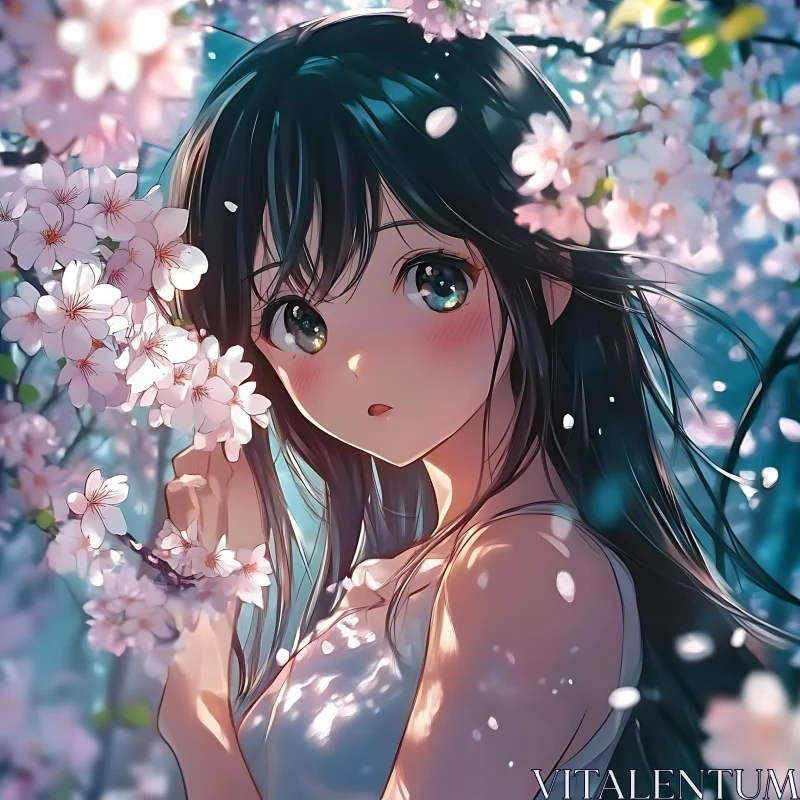 Springtime Anime Beauty Amidst Cherry Blossoms AI Image