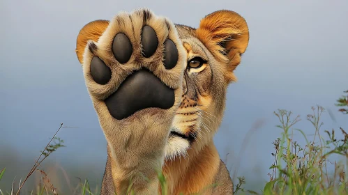 Lion Cub Hiding Behind Paw