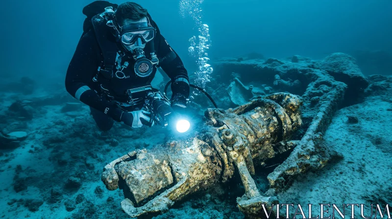 Underwater Shipwreck Exploration by Diver AI Image