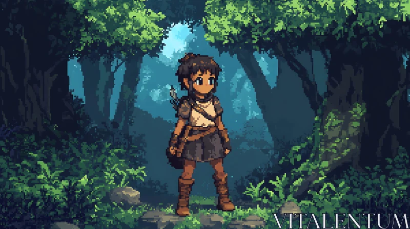 Young Explorer in Pixel Art Forest AI Image