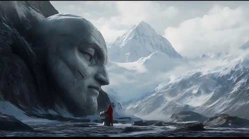 Stone Face and Figure in Mountains
