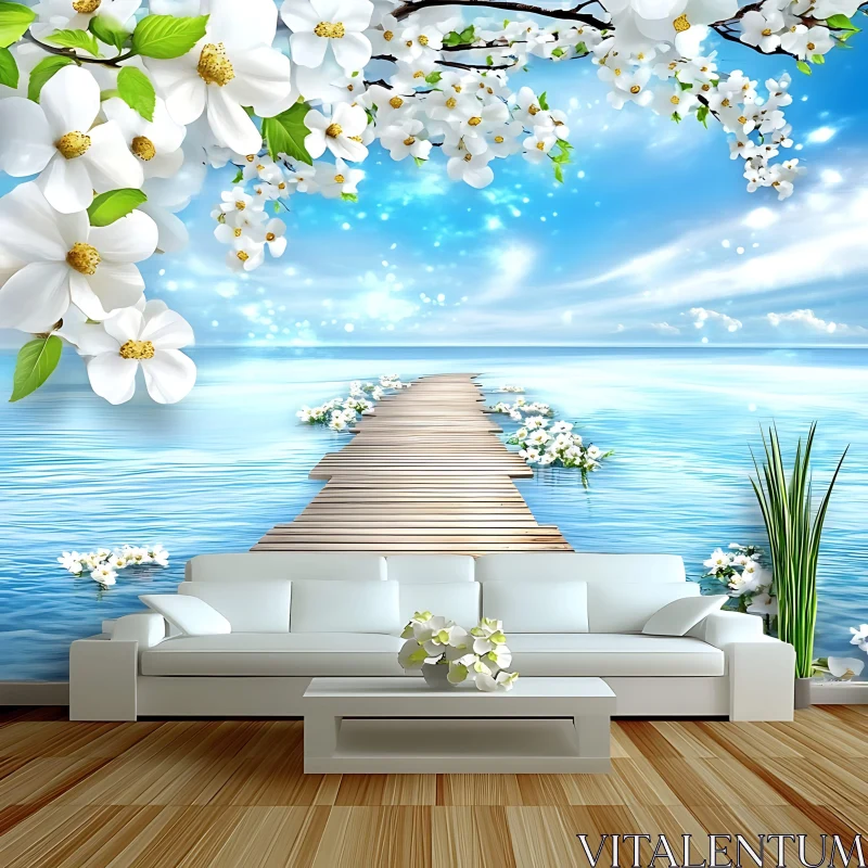 Modern Interior with Scenic Seaside and Blossoms AI Image