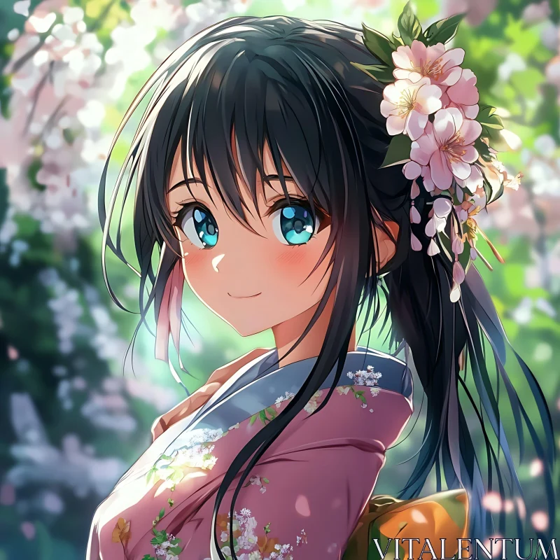 Anime Portrait of a Kimono-Clad Girl Among Blossoms AI Image