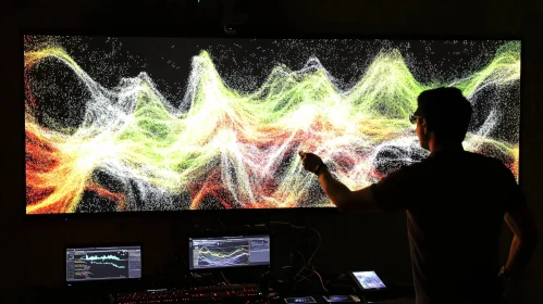 Man Interacting with Swirling Data Display