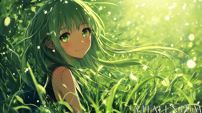 Green Haired Anime Girl in Sunlit Grass AI Image